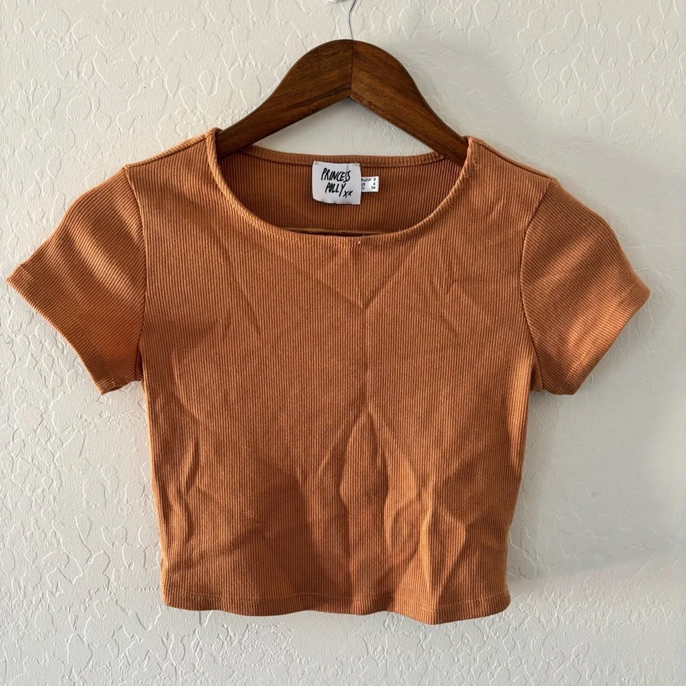 Princess Polly Ribbed Crop Top Fitted Short Sleeve Brown Size US 4